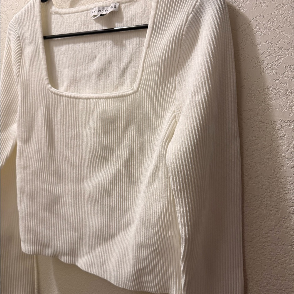 And Now This, White Ribbed Square Neck Long Sleeve Top, Size Large NWOT - Picture 2 of 6